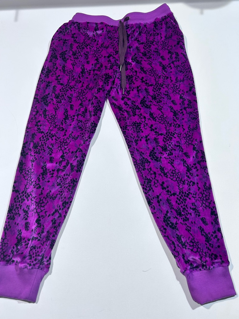 LuLaRoe Medium Cozy Jax Purple & Black Printed Velvet Jogger Pants